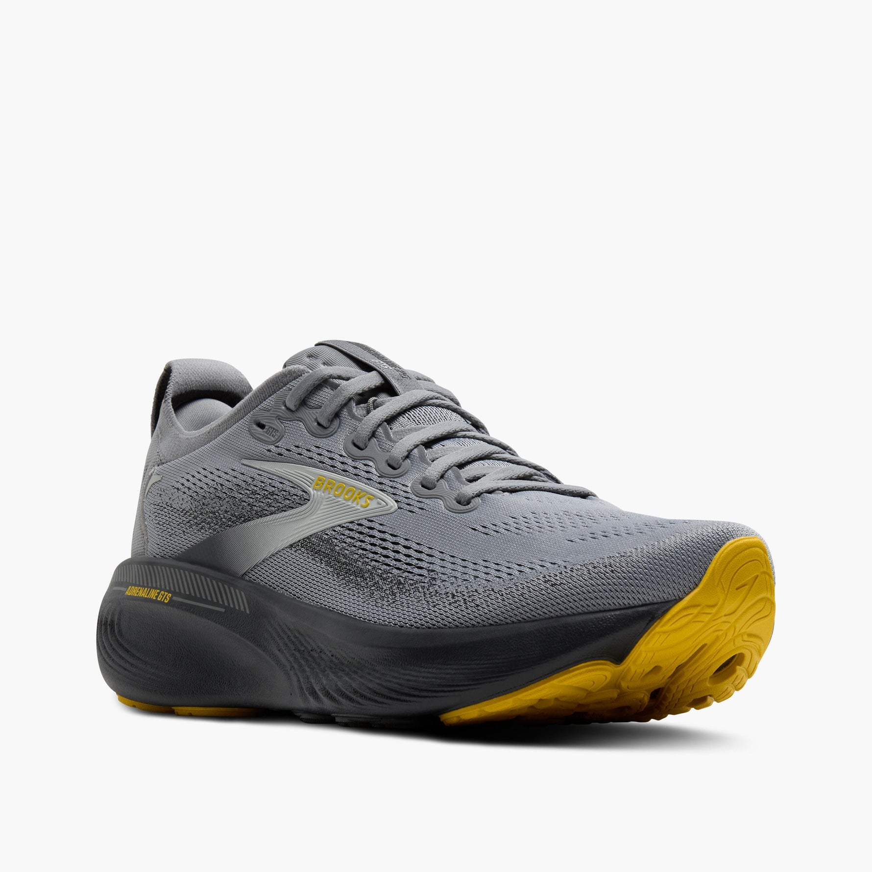 Brooks Adrenaline GTS 25 men's running shoe in primer grey with yellow outsole accents