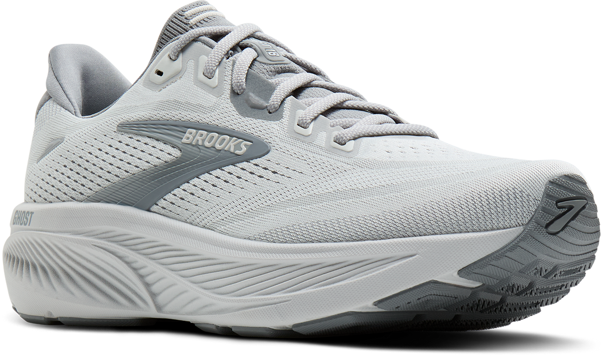 Brooks Ghost 18 running shoe in light grey with darker grey accents, side profile view