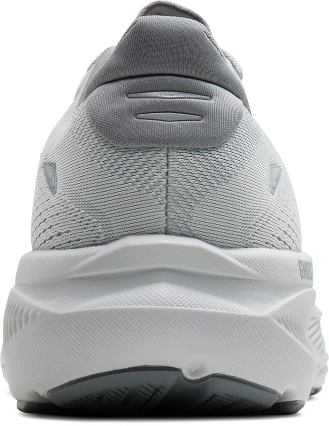 Brooks Ghost 18 running shoe rear view in Primer Grey with white midsole