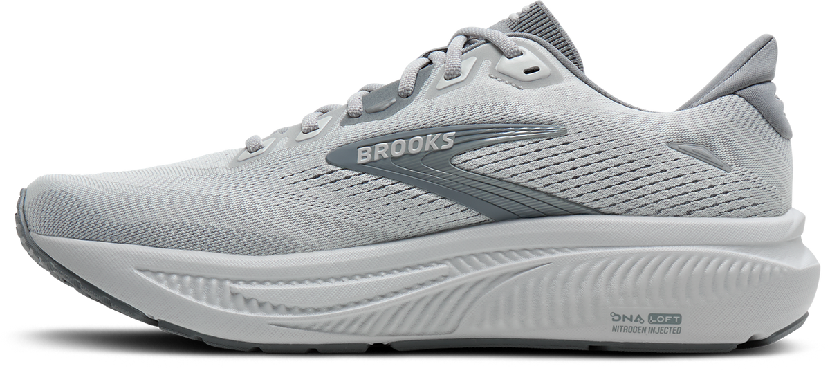 Brooks Ghost 18 running shoe in Primer Grey with DNA Loft nitrogen-injected midsole, lateral view