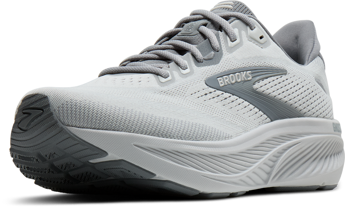 Brooks Ghost 18 running shoe in Primer Grey and Oyster Mushroom colorway, side view