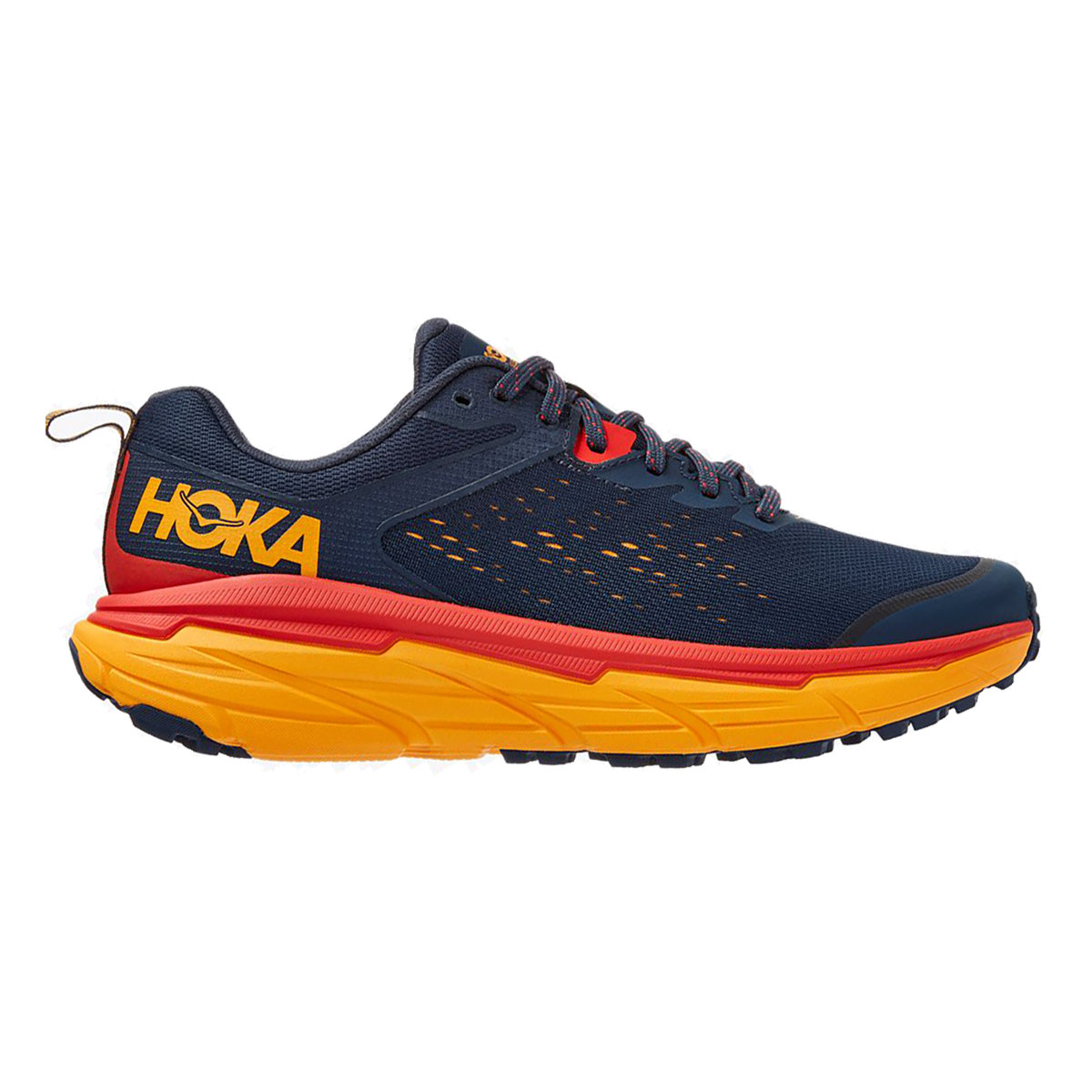 Hoka Challenger ATR 6 men's trail running shoe in navy blue with orange midsole