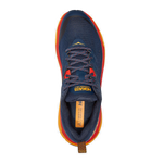 Top view of Hoka Challenger ATR 6 men's running shoe in navy blue with coral orange accents