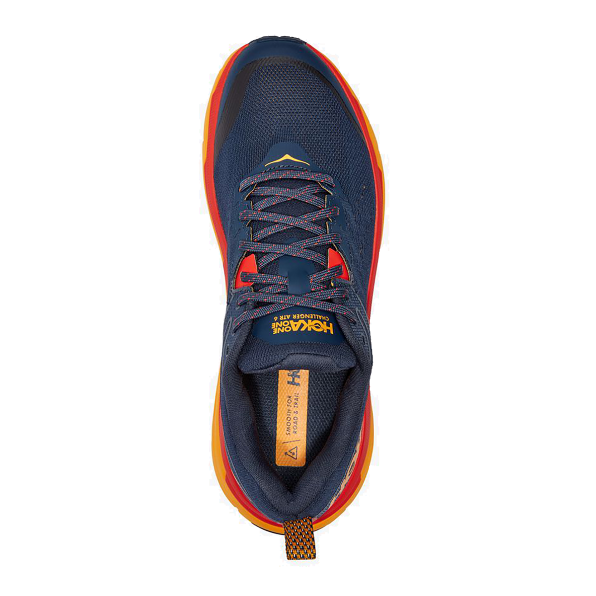 Hoka Challenger ATR 6 running shoe in navy blue with coral orange trim