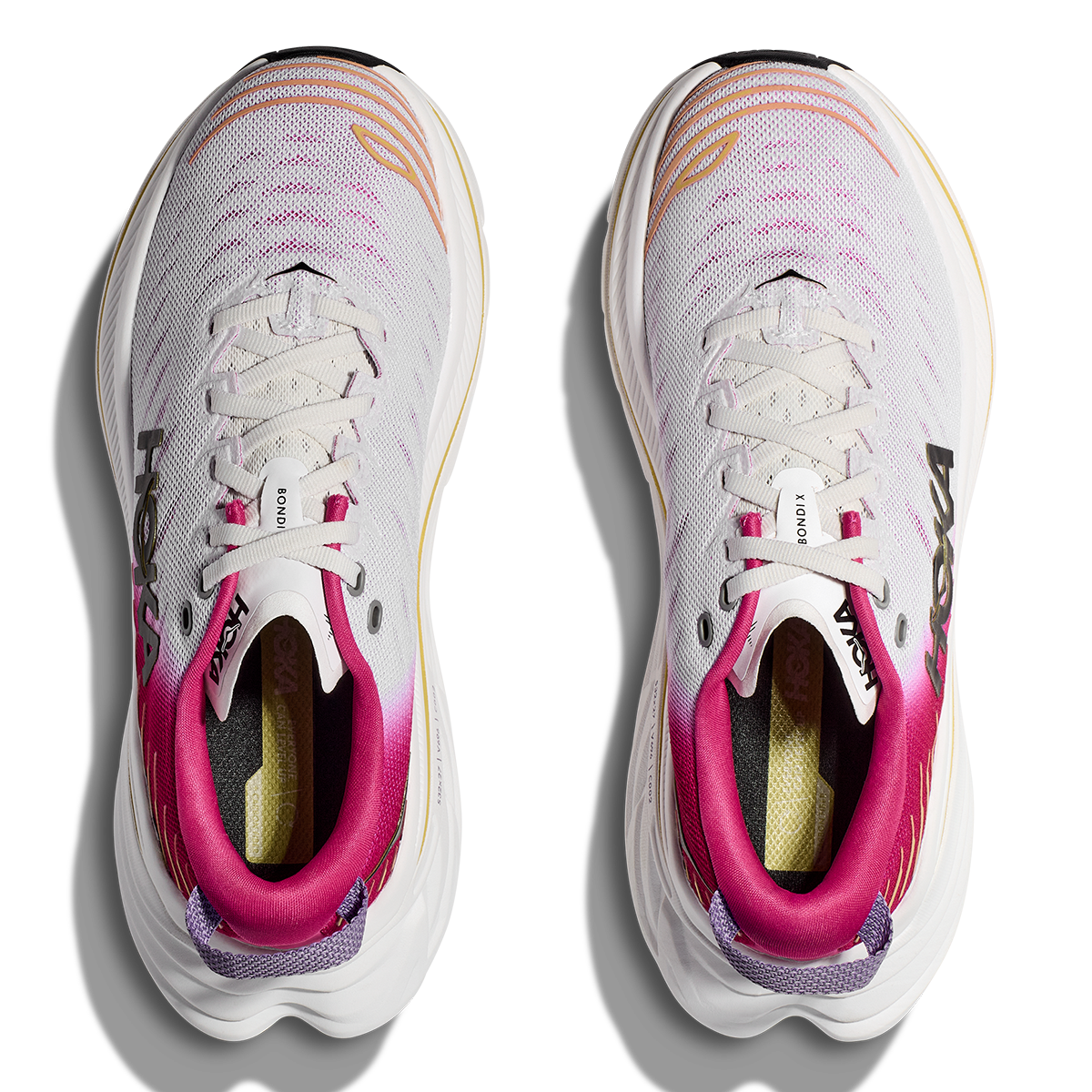 Hoka Bondi X women's running shoes in white with pink accents, top view