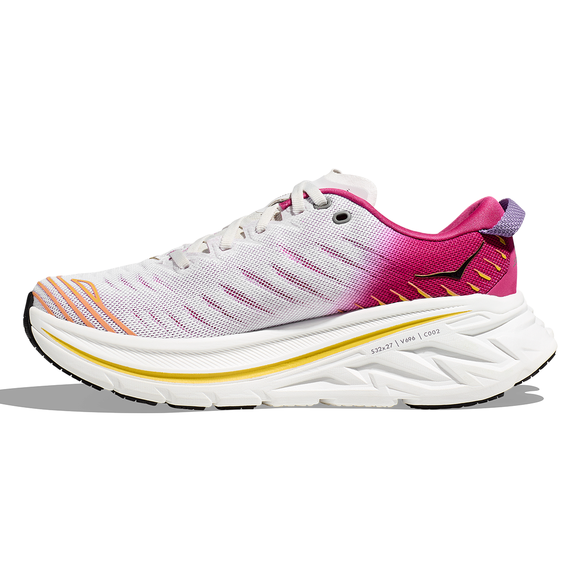 Hoka Bondi X women's running shoe in white with pink gradient colorway