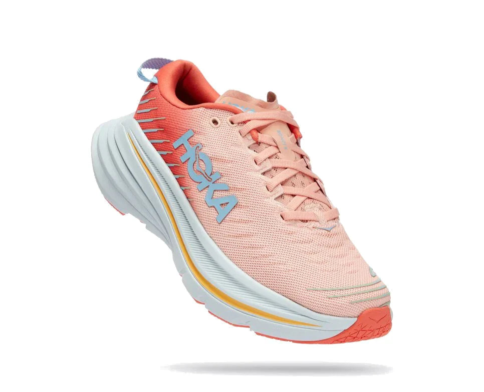 Hoka Bondi X women's running shoe in peach parfait colorway with coral details