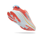Hoka Bondi X women's running shoe in coral peach colorway floating on white background