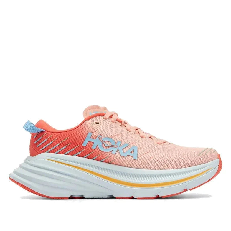 HOKA Bondi X women's running shoe in coral peach colorway with blue logo