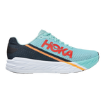 HOKA Rocket X running shoe in blue glass colorway with orange accent stripe