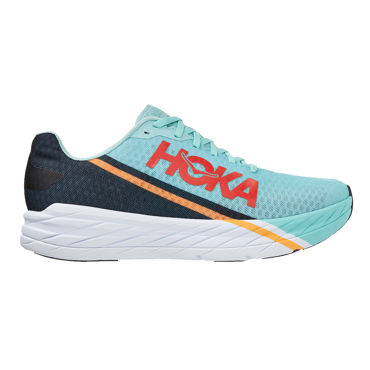HOKA Rocket X running shoe in blue glass colorway with orange accent stripe
