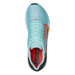 Hoka Rocket X running shoe in light blue with red orange colorway top view