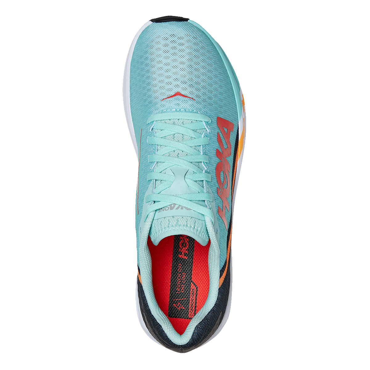 Hoka Rocket X running shoe in light blue with red orange colorway top view