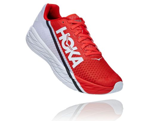 HOKA Rocket X running shoes in red and white colorway with professional studio lighting