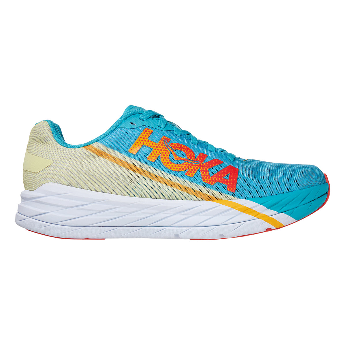 HOKA Rocket X running shoe in blue glass with orange gradient details