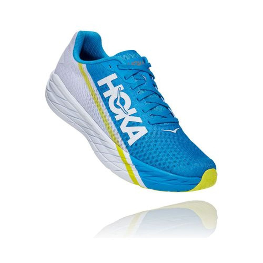 HOKA Rocket X running shoe in blue and white colorway with yellow accent