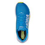 Hoka Rocket X running shoe in blue with yellow accents, top-down view