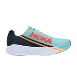 HOKA Rocket X running shoe in eggshell blue with black heel and orange stripe details