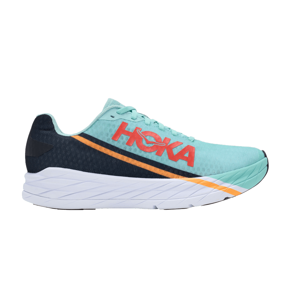 HOKA Rocket X running shoe in eggshell blue with black heel and orange stripe details