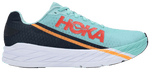 Hoka Rocket X running shoe in light blue with navy heel and orange details