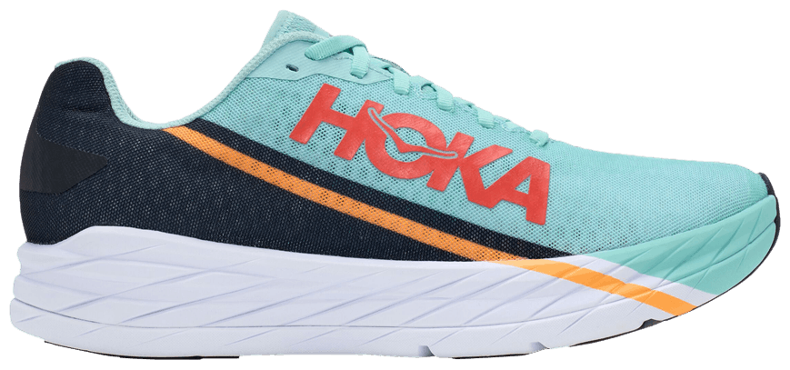 Hoka Rocket X running shoe in light blue with navy heel and orange details