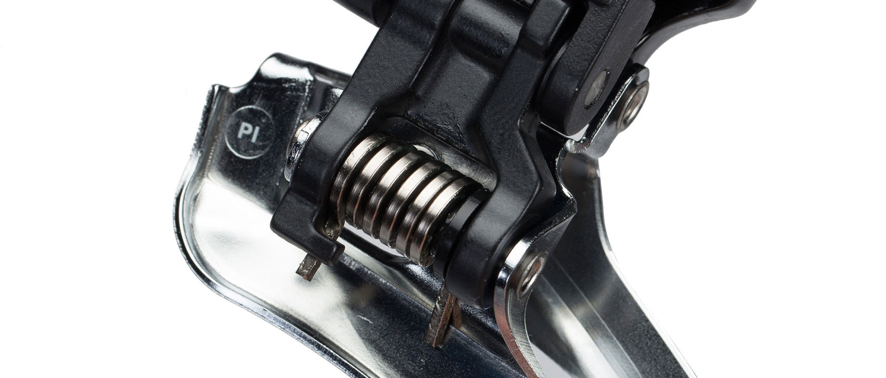 Shimano 105 FD-5700 silver front derailleur showing spring mechanism and mounting hardware