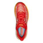 Hoka Arahi 6 running shoe in Fiesta red and Amber Yellow colorway, top-down view