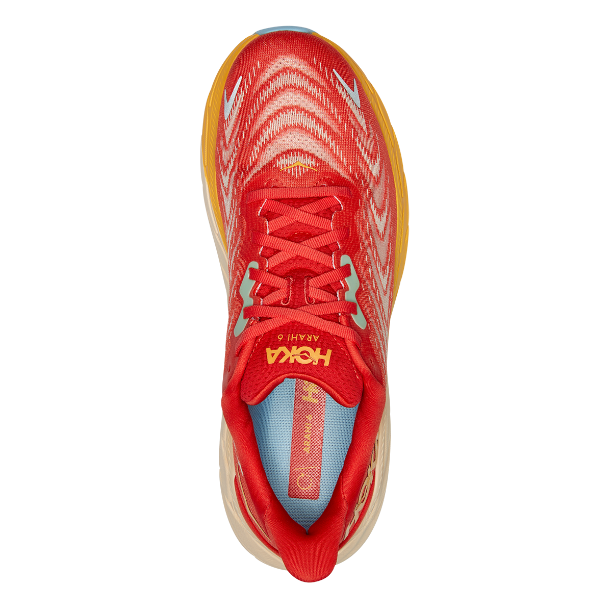 Hoka Arahi 6 running shoe in Fiesta red and Amber Yellow colorway, top-down view