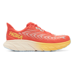 Hoka Arahi 6 running shoe in Fiesta/Amber Yellow colorway with coral upper and yellow midsole