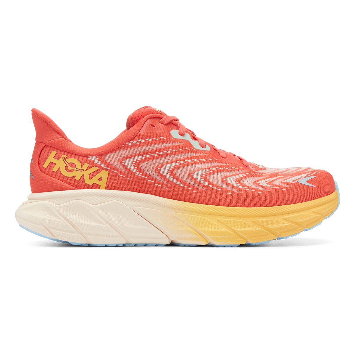 Hoka Arahi 6 running shoe in Fiesta/Amber Yellow colorway with coral upper and yellow midsole