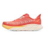 Hoka Arahi 6 running shoe in Fiesta coral orange with amber yellow midsole details