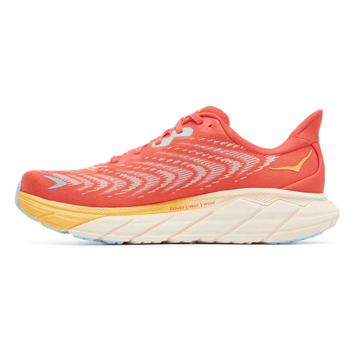 Hoka Arahi 6 running shoe in Fiesta coral orange with amber yellow midsole details