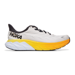 Hoka Arahi 6 running shoe in Nimbus Cloud/Blanc De Blanc colorway with yellow gradient midsole