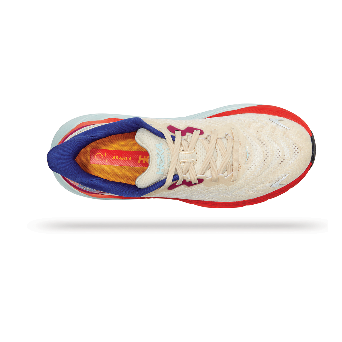 Hoka Arahi 6 running shoe in Short Bread/Fiesta colorway, top-down view showing cream upper with colorful sole