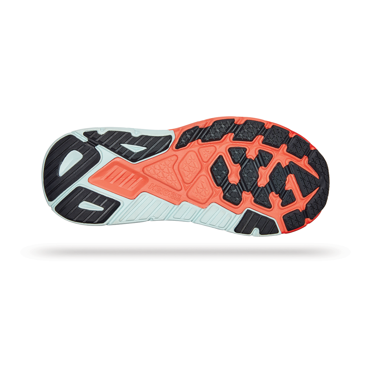 Hoka Arahi 6 running shoe in Short Bread/Fiesta colorway with cream upper and coral sole