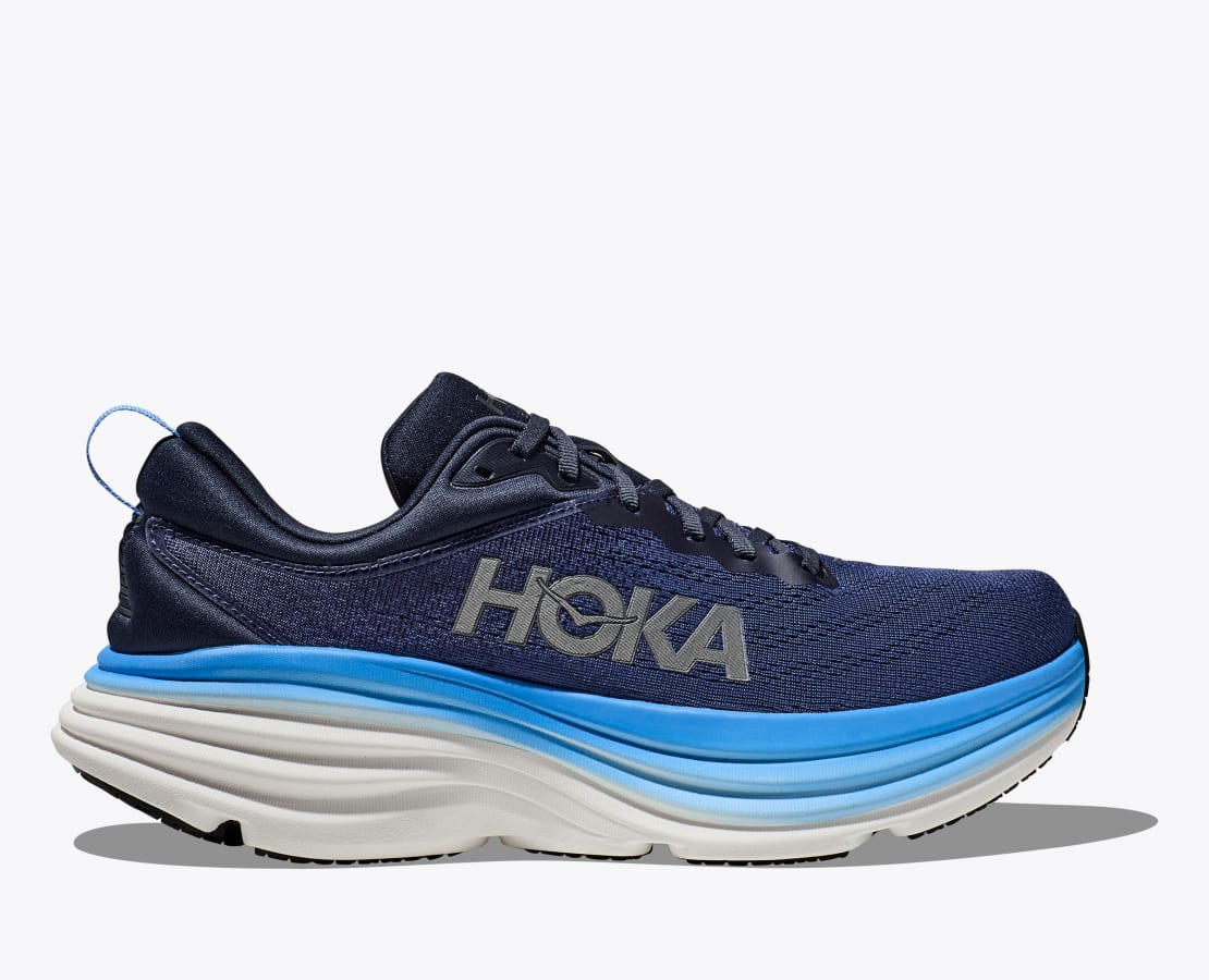 Hoka Bondi 8 men's running shoe in navy blue with blue midsole