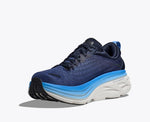 Hoka Bondi 8 men's running shoe in navy blue with blue gradient sole