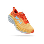 Hoka Bondi 8 running shoe in orange-yellow colorway with blue logo