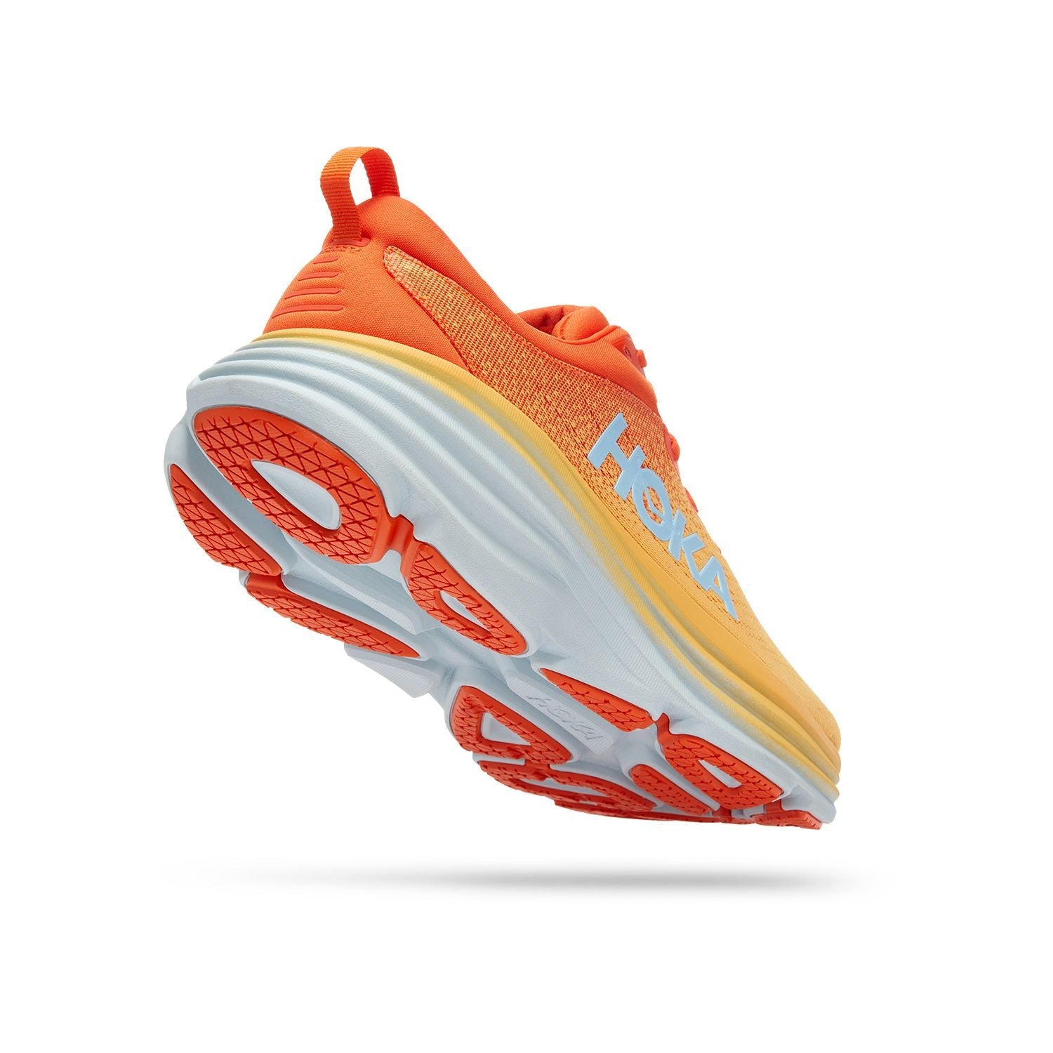HOKA Bondi 8 running shoe in orange-yellow gradient colorway on white background