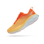 Hoka Bondi 8 running shoe in orange and amber yellow colorway on white background