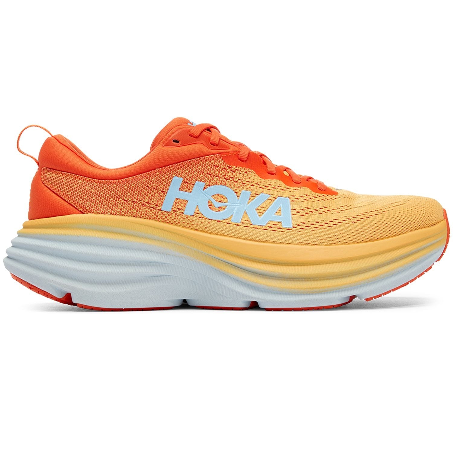 HOKA Bondi 8 running shoe in orange-yellow gradient colorway with white midsole