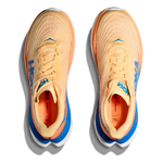 Hoka Mach 5 running shoes in cream and orange colorway with blue accents