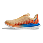 HOKA Mach 5 running shoe in tan with vibrant orange and blue details