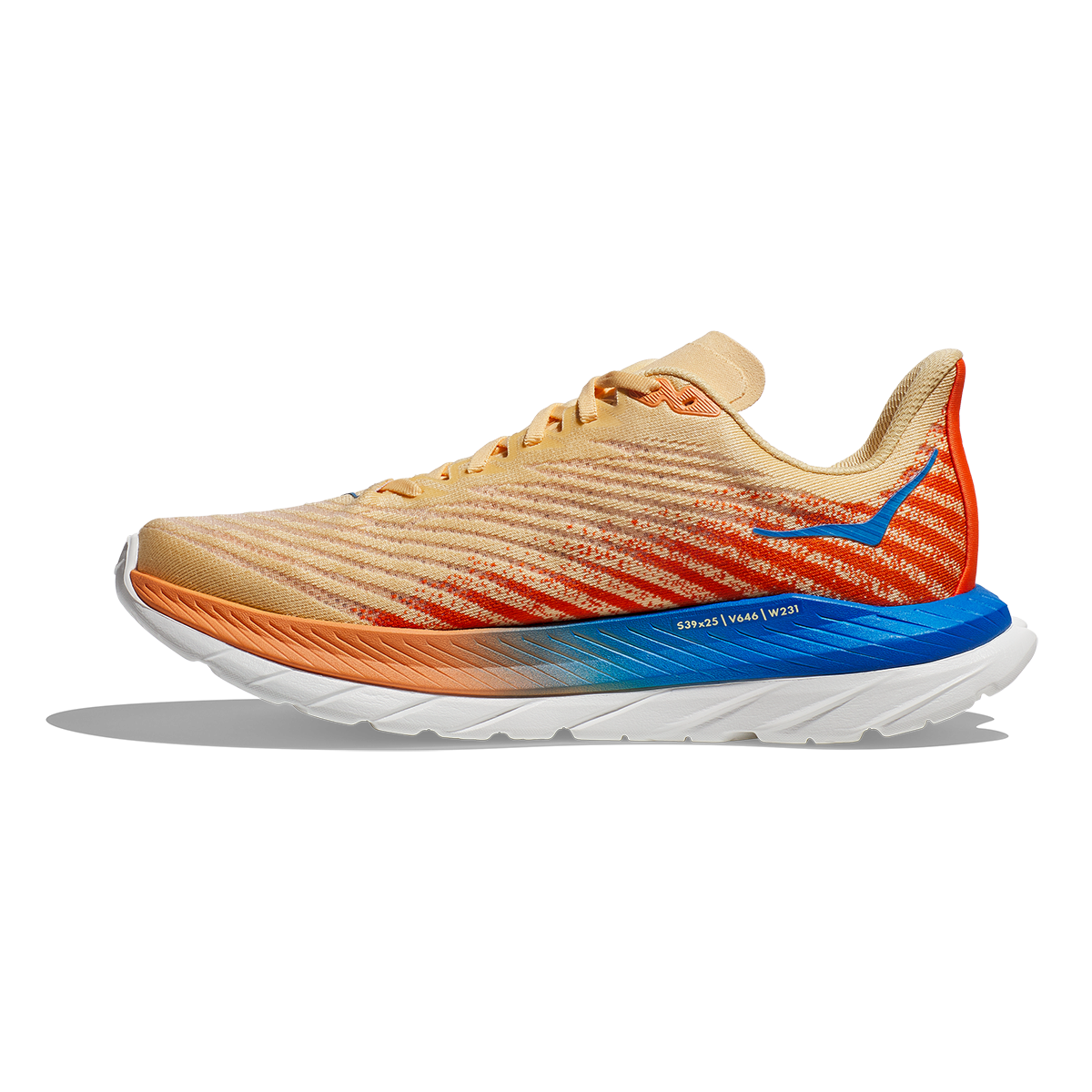 HOKA Mach 5 running shoe in tan with vibrant orange and blue details