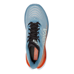 Hoka Mach 5 running shoe in light blue and orange colorway, top-down view