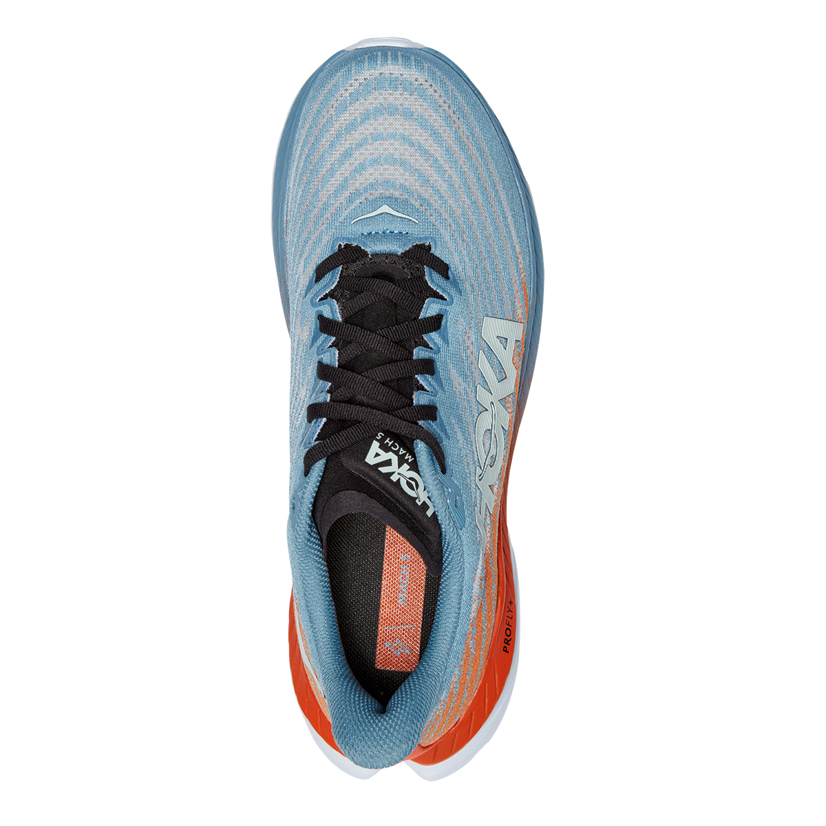Hoka Mach 5 running shoe in light blue and orange colorway, top-down view
