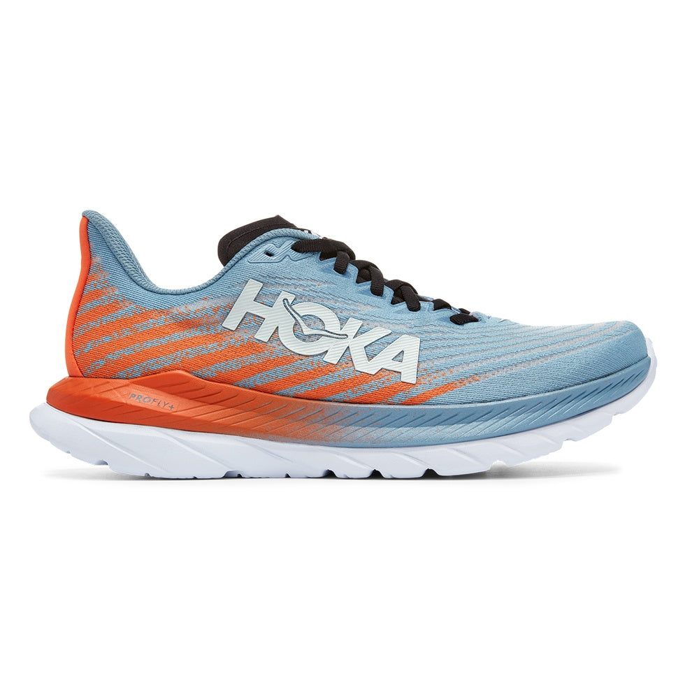 Hoka Mach 5 men's running shoe in light blue and orange colorway