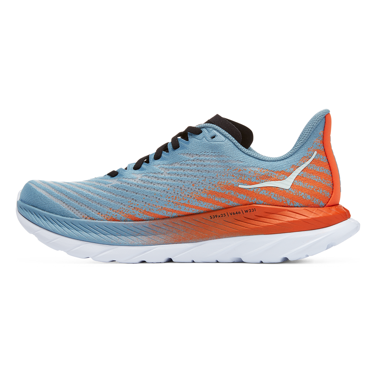 Hoka Mach 5 running shoe in light blue and orange colorway