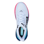 Hoka Mach 5 running shoe in white and scuba blue colorway, top view