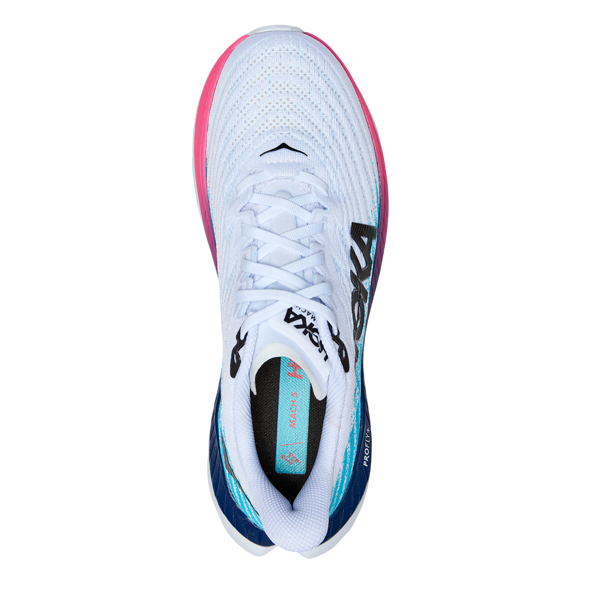 Hoka Mach 5 running shoe in white and scuba blue colorway, top view